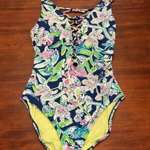 Lilly Pulitzer Tropical Blue and Pink One Piece Swimsuit with Classic Cut